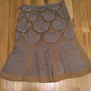 Leather/Suede trimmed/wool skirt with crystals accents size 6